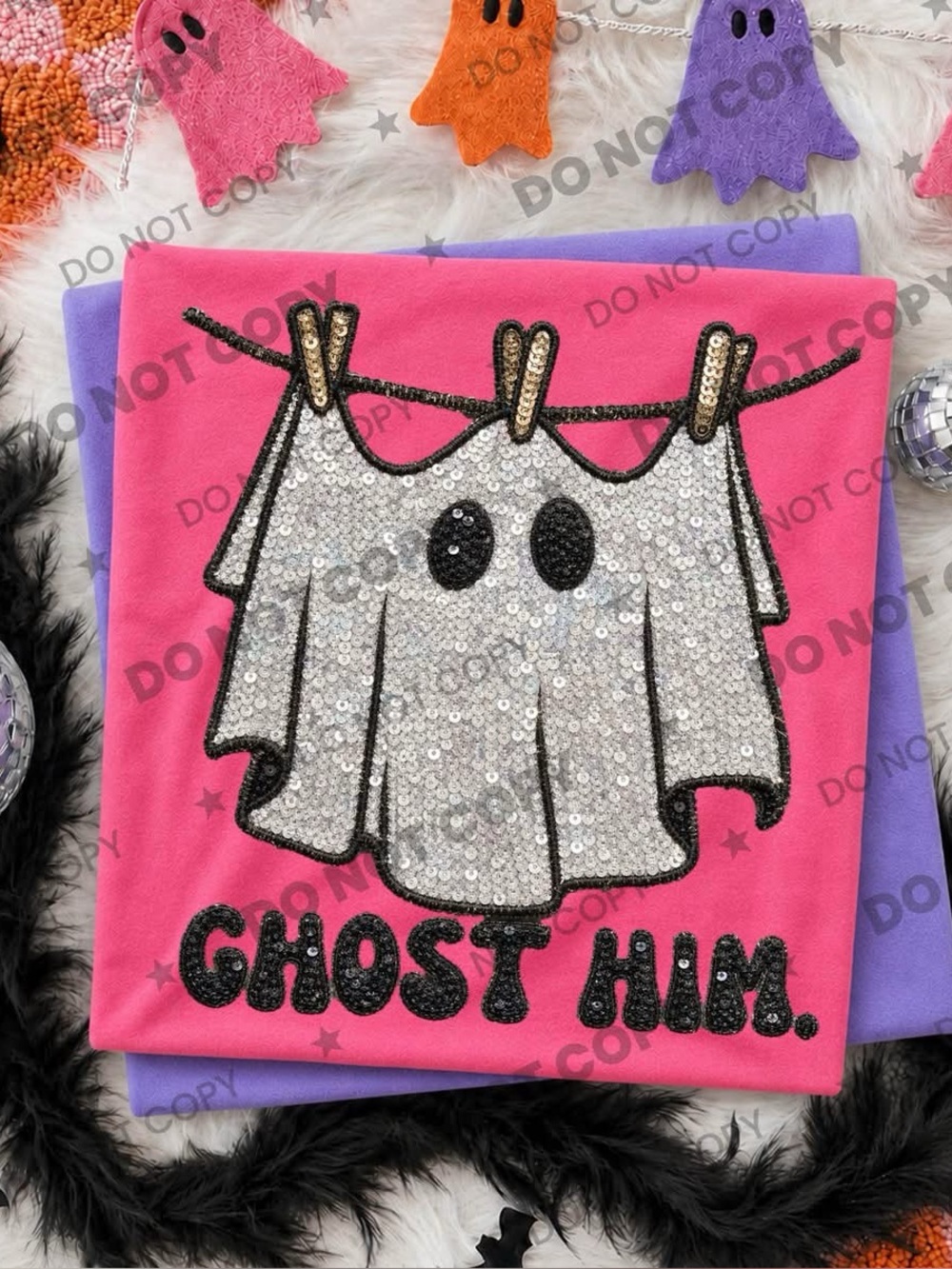 Comfort Colors Neon Pink Sequinq Ghost Him Tshirt Small to 3d